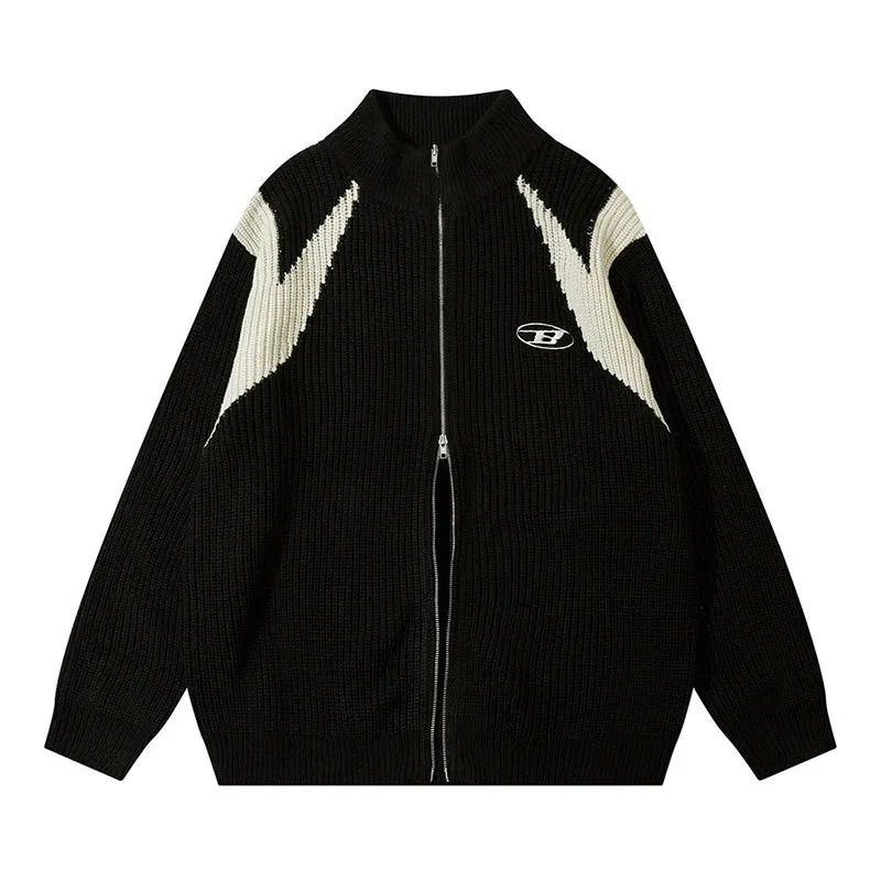Aidase Contrast Paneled Sweater Mens Streetwear Cardigan Knitted Sweater Autumn Winter Loose Casual Letter Embroidery Zipper Outerwear