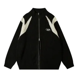 Aidase Contrast Paneled Sweater Mens Streetwear Cardigan Knitted Sweater Autumn Winter Loose Casual Letter Embroidery Zipper Outerwear