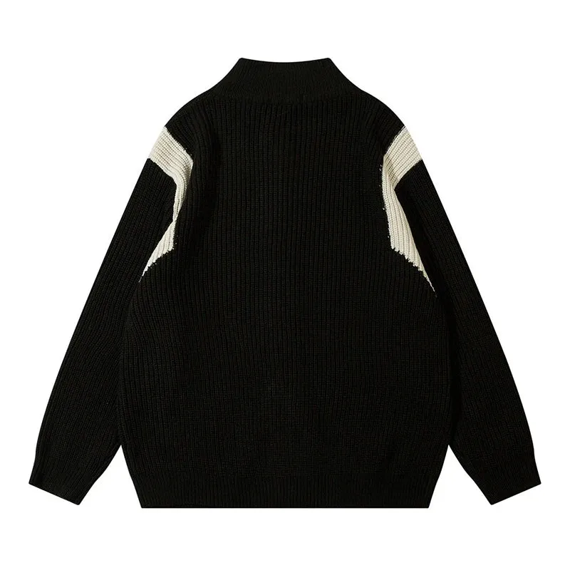 Aidase Contrast Paneled Sweater Mens Streetwear Cardigan Knitted Sweater Autumn Winter Loose Casual Letter Embroidery Zipper Outerwear