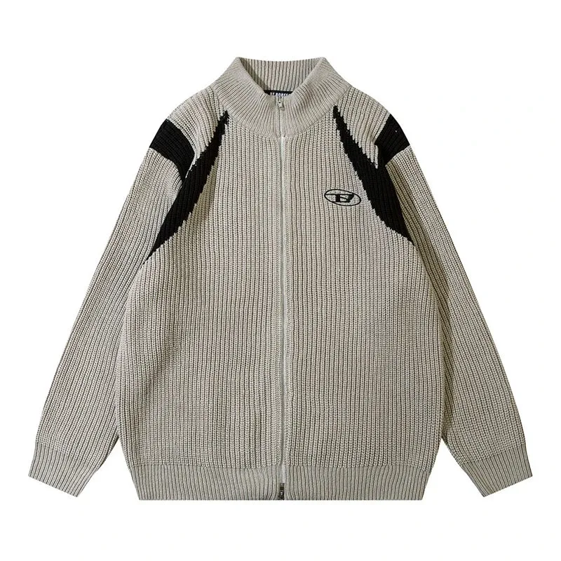 Aidase Contrast Paneled Sweater Mens Streetwear Cardigan Knitted Sweater Autumn Winter Loose Casual Letter Embroidery Zipper Outerwear