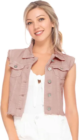 Anna-Kaci Womens Distressed Denim Button Up Sleeveless Crop Vest