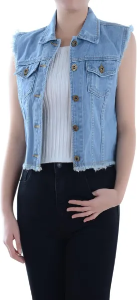 Anna-Kaci Womens Distressed Denim Button Up Sleeveless Crop Vest