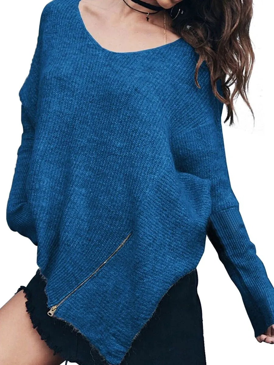 Aquamarine Casual Loose Zipper Sweater