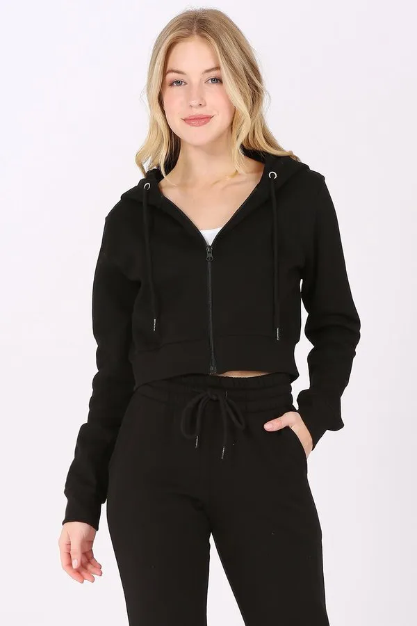 Basic Plain Solid Fleece Full Zip Crop Hoodie Sweatshirt