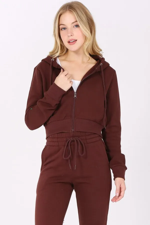 Basic Plain Solid Fleece Full Zip Crop Hoodie Sweatshirt