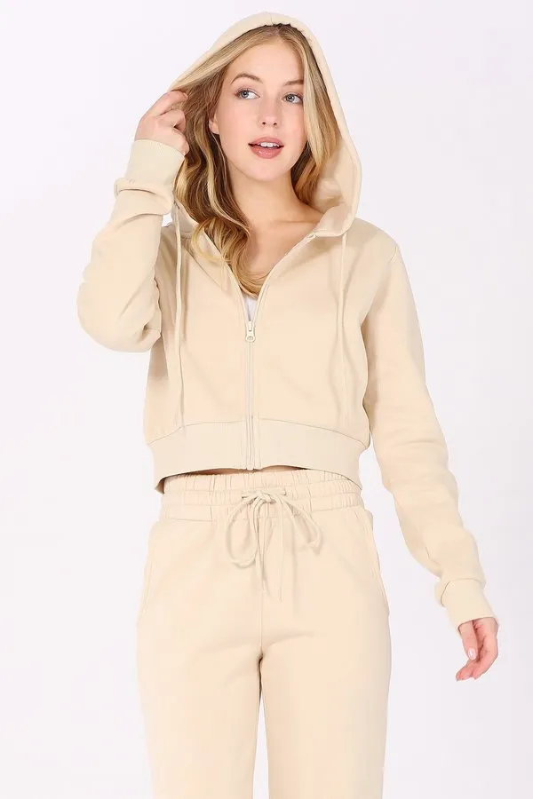 Basic Plain Solid Fleece Full Zip Crop Hoodie Sweatshirt