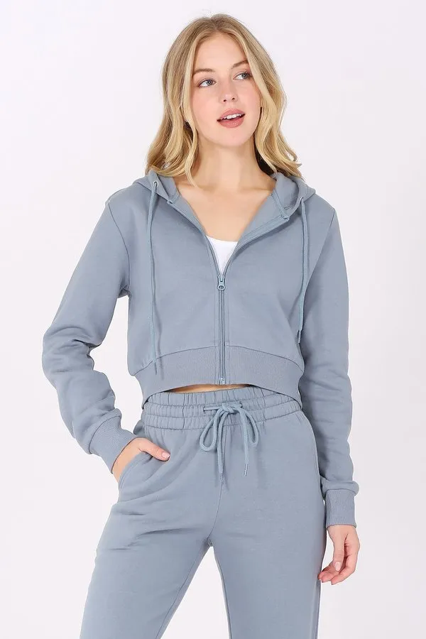 Basic Plain Solid Fleece Full Zip Crop Hoodie Sweatshirt
