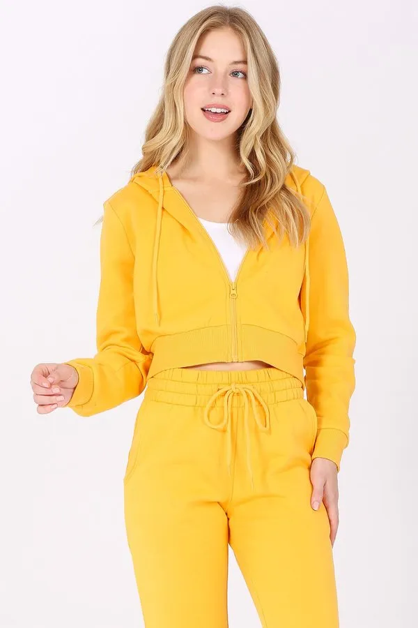 Basic Plain Solid Fleece Full Zip Crop Hoodie Sweatshirt
