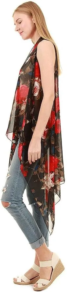 CCFW Floral Printed Open Front Drape Cardigan Scarf Vest