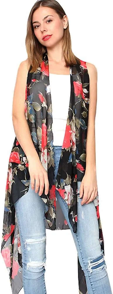 CCFW Floral Printed Open Front Drape Cardigan Scarf Vest