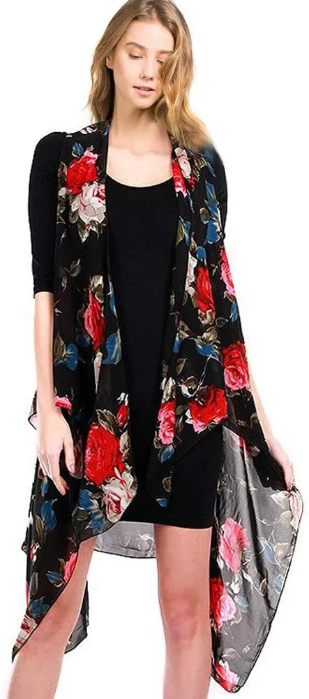 CCFW Floral Printed Open Front Drape Cardigan Scarf Vest