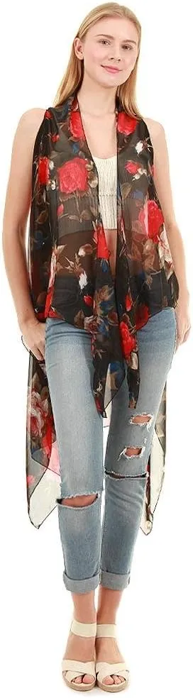 CCFW Floral Printed Open Front Drape Cardigan Scarf Vest