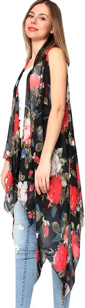 CCFW Floral Printed Open Front Drape Cardigan Scarf Vest