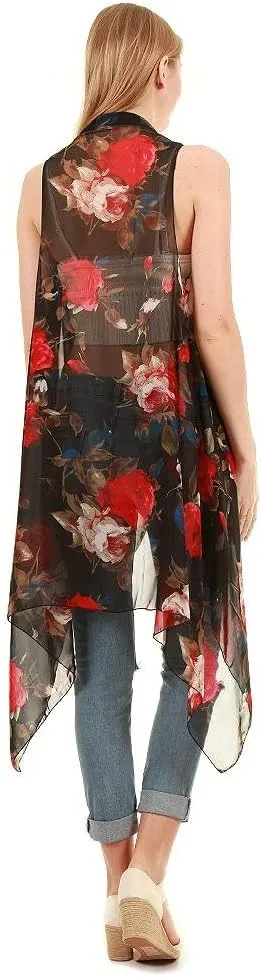 CCFW Floral Printed Open Front Drape Cardigan Scarf Vest