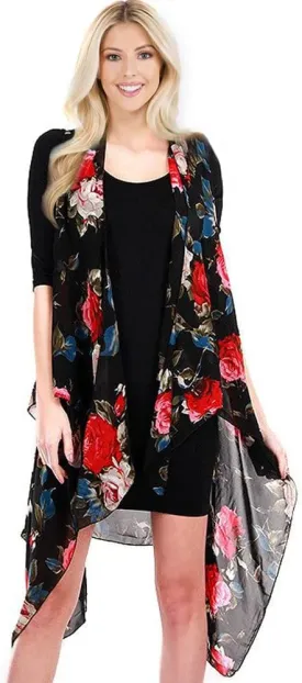 CCFW Floral Printed Open Front Drape Cardigan Scarf Vest