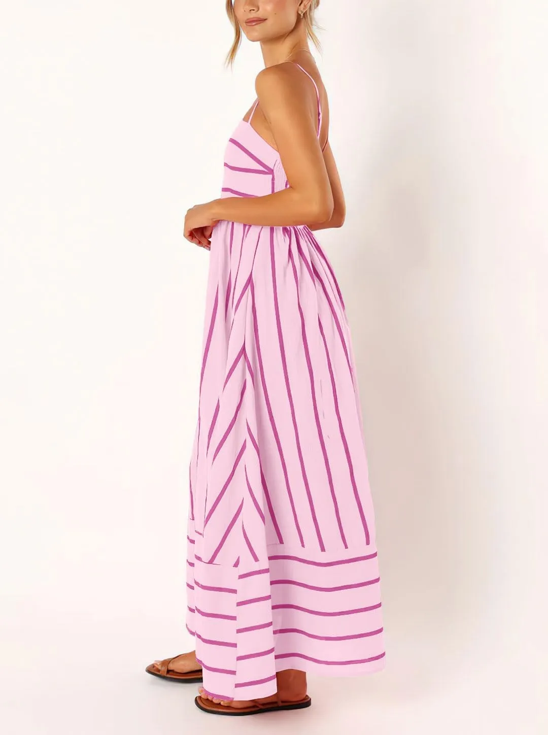 chouyatou Women's Striped Back Smocked Maxi Dress Sexy Spaghetti Strap Cut Out Flowy Swing Long Dress