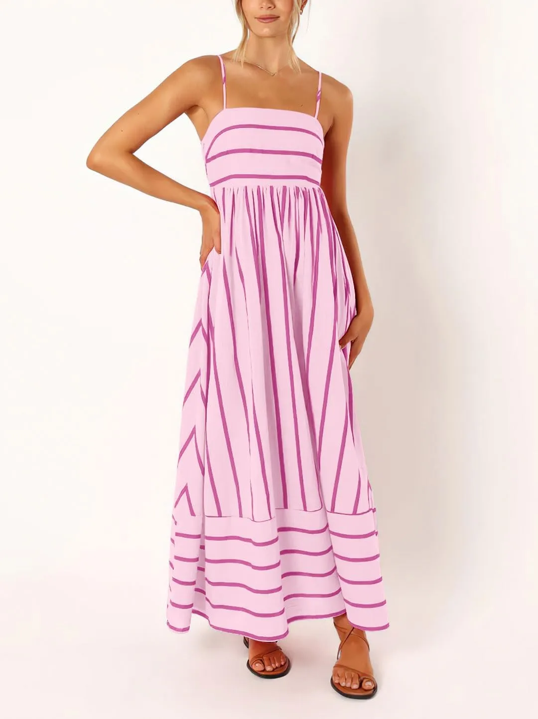 chouyatou Women's Striped Back Smocked Maxi Dress Sexy Spaghetti Strap Cut Out Flowy Swing Long Dress