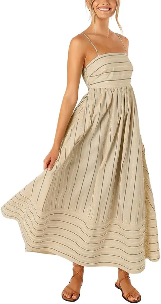 chouyatou Women's Striped Back Smocked Maxi Dress Sexy Spaghetti Strap Cut Out Flowy Swing Long Dress
