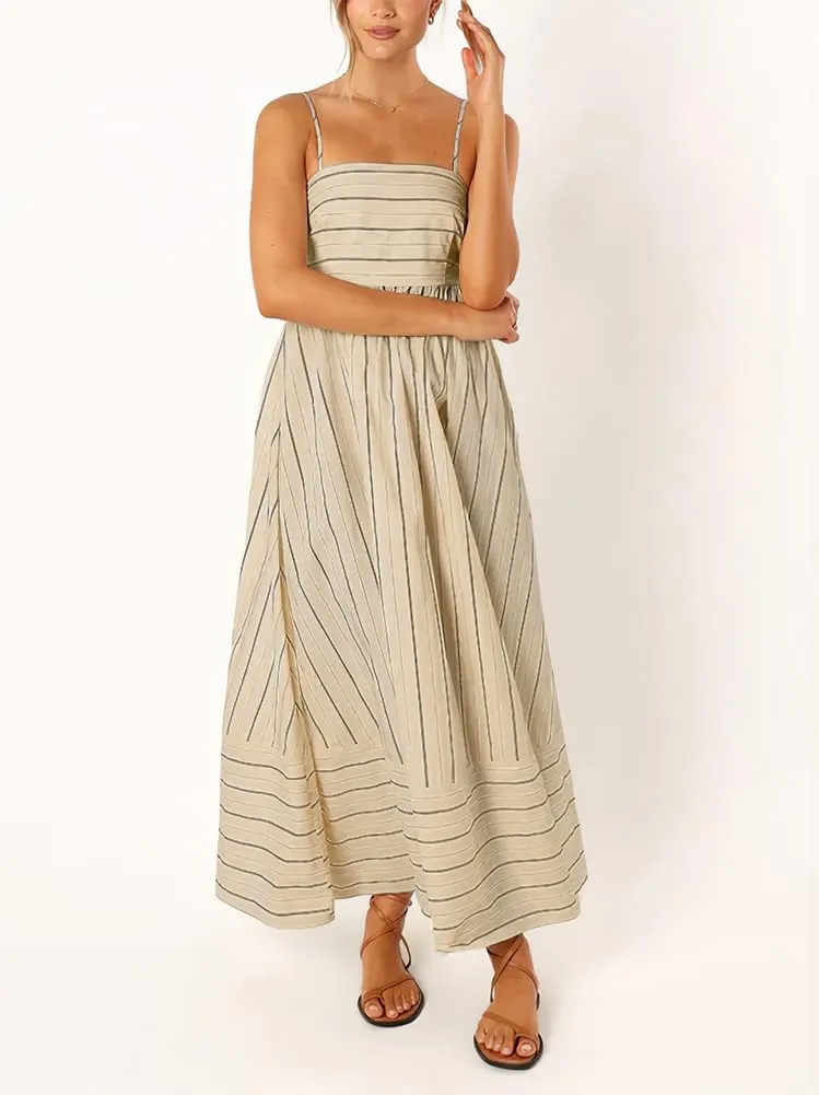 chouyatou Women's Striped Back Smocked Maxi Dress Sexy Spaghetti Strap Cut Out Flowy Swing Long Dress