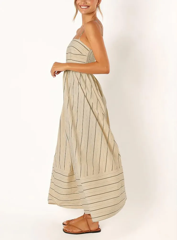 chouyatou Women's Striped Back Smocked Maxi Dress Sexy Spaghetti Strap Cut Out Flowy Swing Long Dress