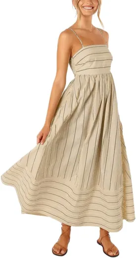 chouyatou Women's Striped Back Smocked Maxi Dress Sexy Spaghetti Strap Cut Out Flowy Swing Long Dress
