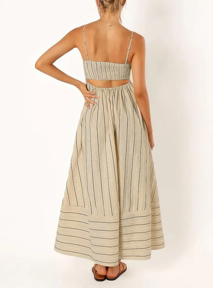 chouyatou Women's Striped Back Smocked Maxi Dress Sexy Spaghetti Strap Cut Out Flowy Swing Long Dress