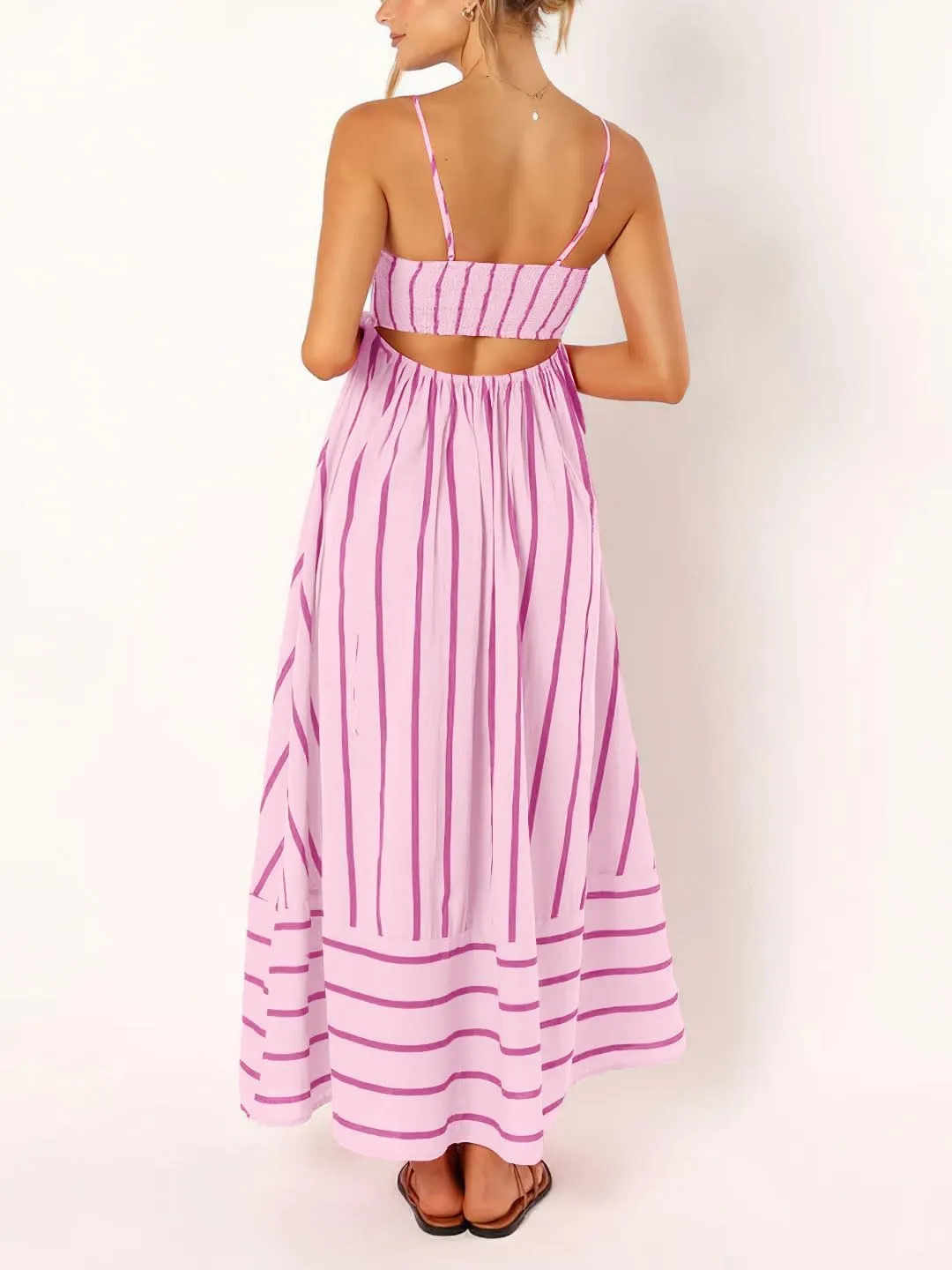chouyatou Women's Striped Back Smocked Maxi Dress Sexy Spaghetti Strap Cut Out Flowy Swing Long Dress