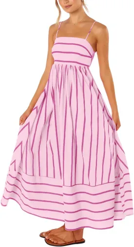 chouyatou Women's Striped Back Smocked Maxi Dress Sexy Spaghetti Strap Cut Out Flowy Swing Long Dress