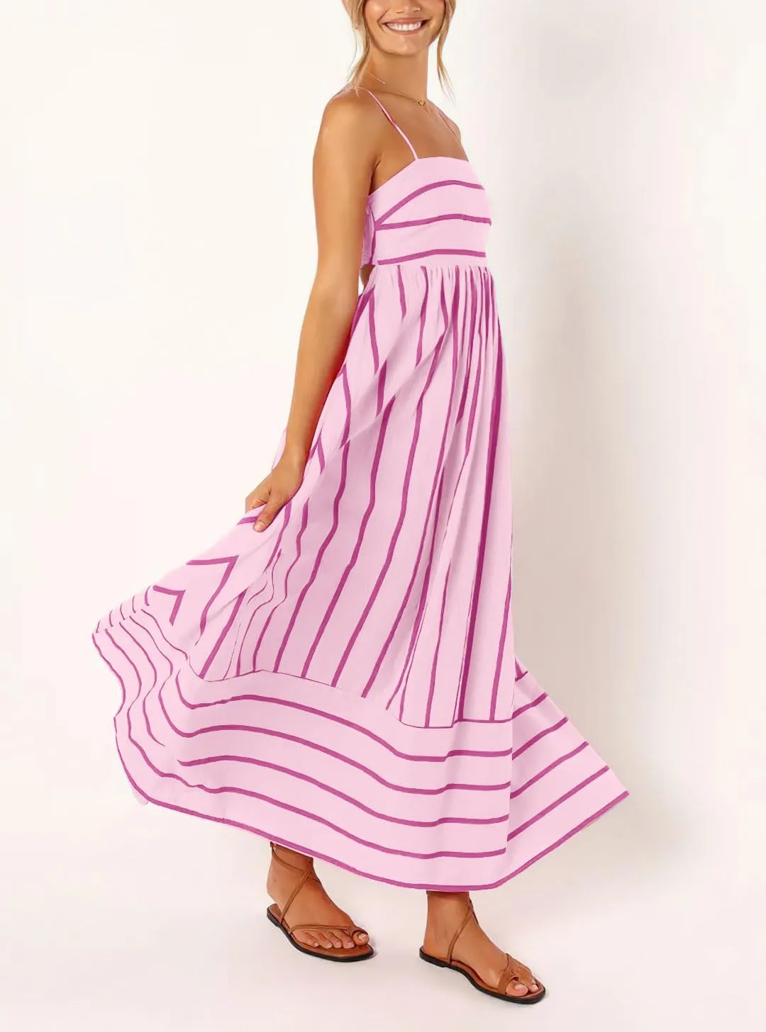 chouyatou Women's Striped Back Smocked Maxi Dress Sexy Spaghetti Strap Cut Out Flowy Swing Long Dress