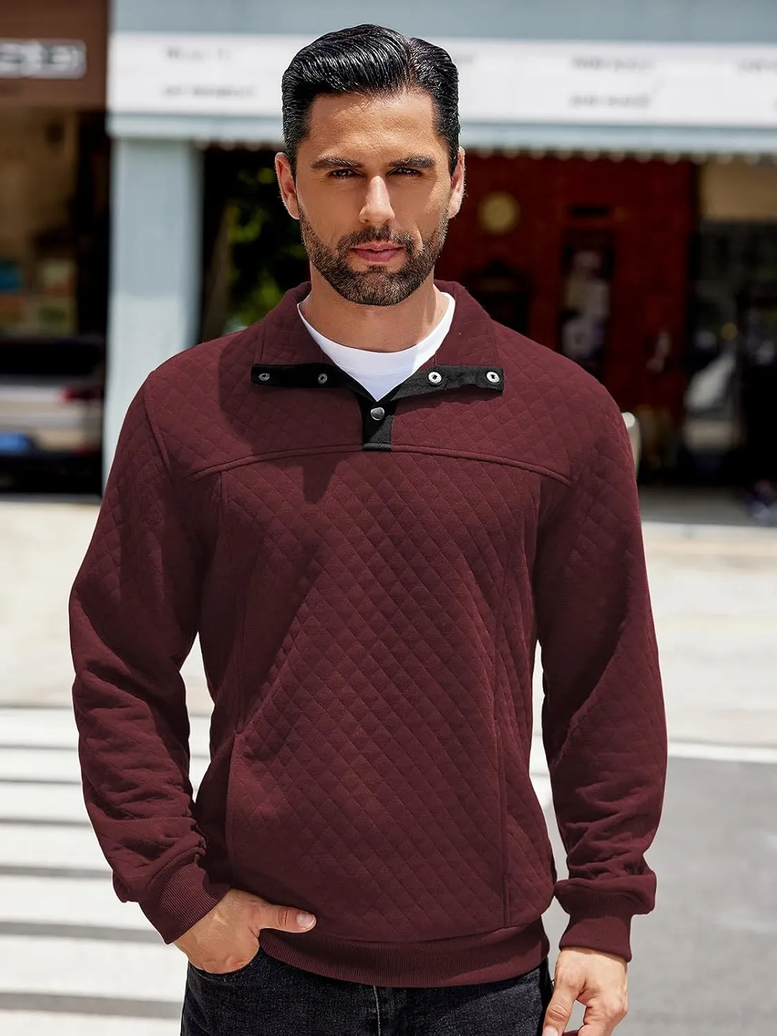 COOFANDY Mens Quarter Sweatshirt Quilted Long Sleeve Mock Neck Active Sweater Waffle Pullover Polo Shirts With Pockets