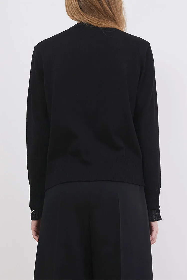 Corded lace paneled V-neck knit cardigan