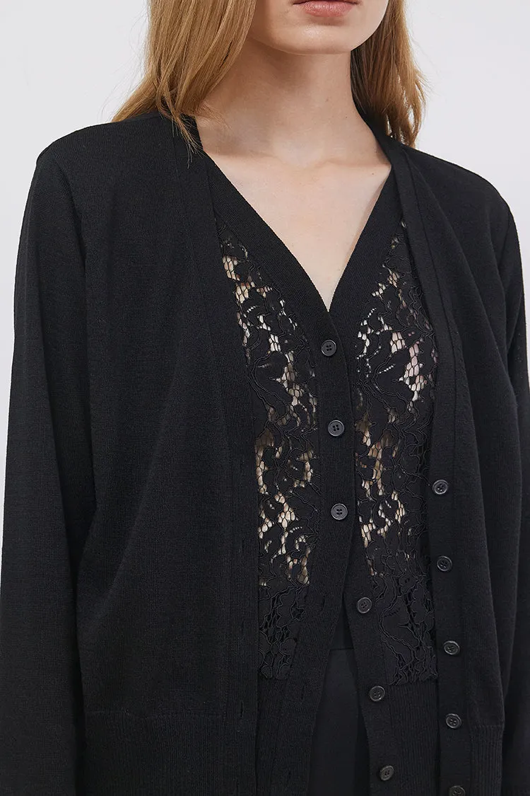 Corded lace paneled V-neck knit cardigan
