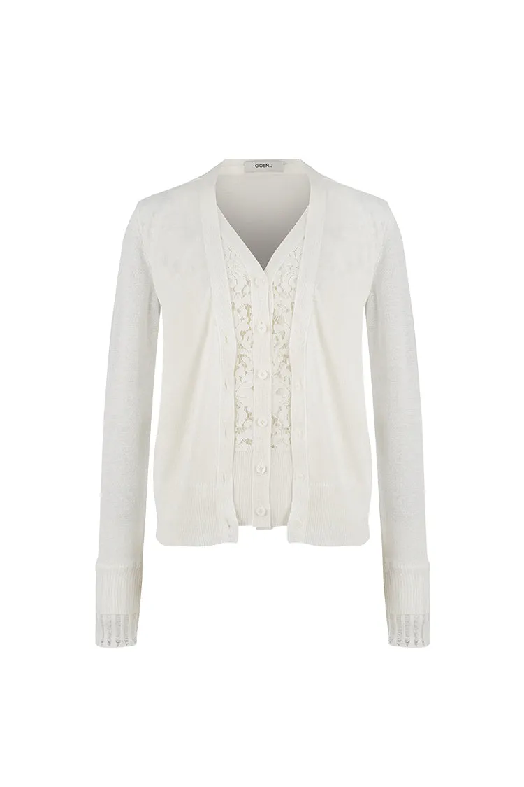 Corded lace paneled V-neck knit cardigan