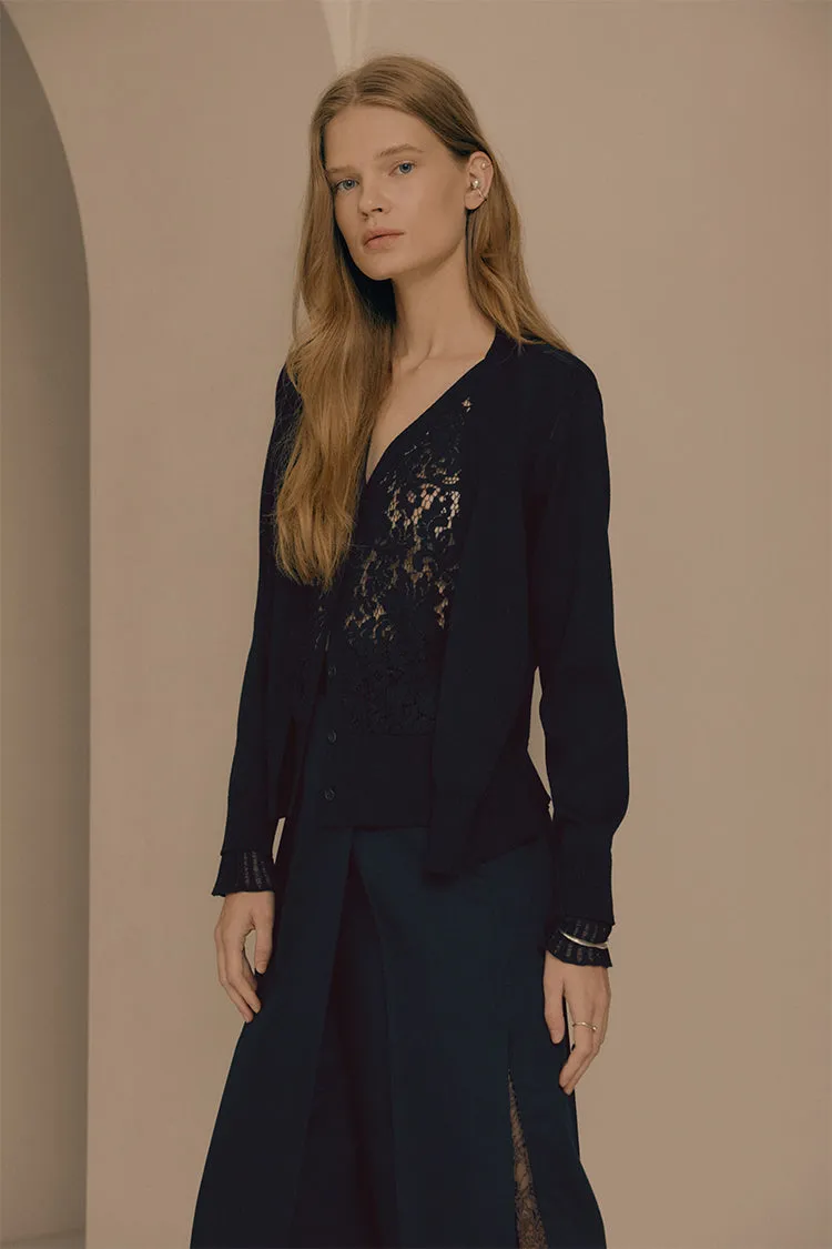 Corded lace paneled V-neck knit cardigan