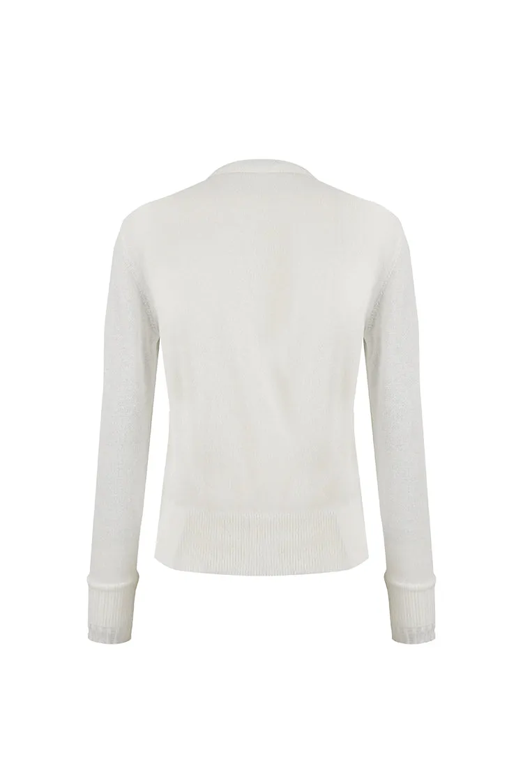 Corded lace paneled V-neck knit cardigan