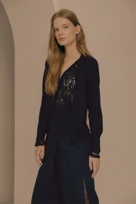 Corded lace paneled V-neck knit cardigan