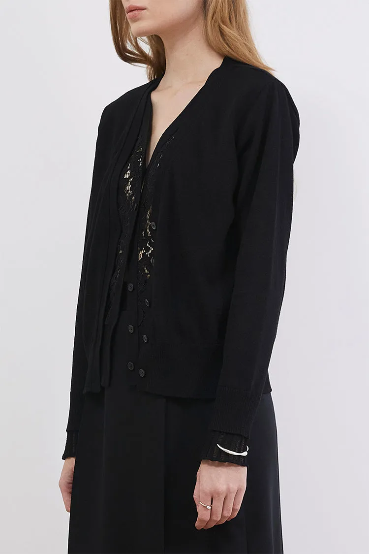 Corded lace paneled V-neck knit cardigan