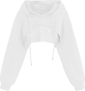 COZYEASE Women's Sports Cropped Sweatshirt Hollow Out Crop Tops Drop Shoulder Drawstring Pullover Cropped Hoodie