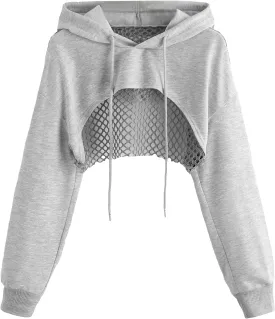 COZYEASE Women's Sports Cropped Sweatshirt Hollow Out Crop Tops Drop Shoulder Drawstring Pullover Cropped Hoodie