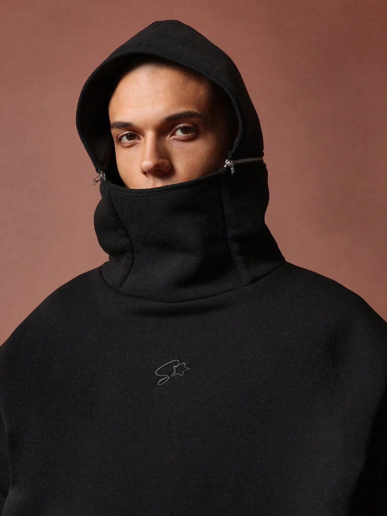 Crop Fit Embroidered Super Funnel Neck Hoodie With Detachable Hood