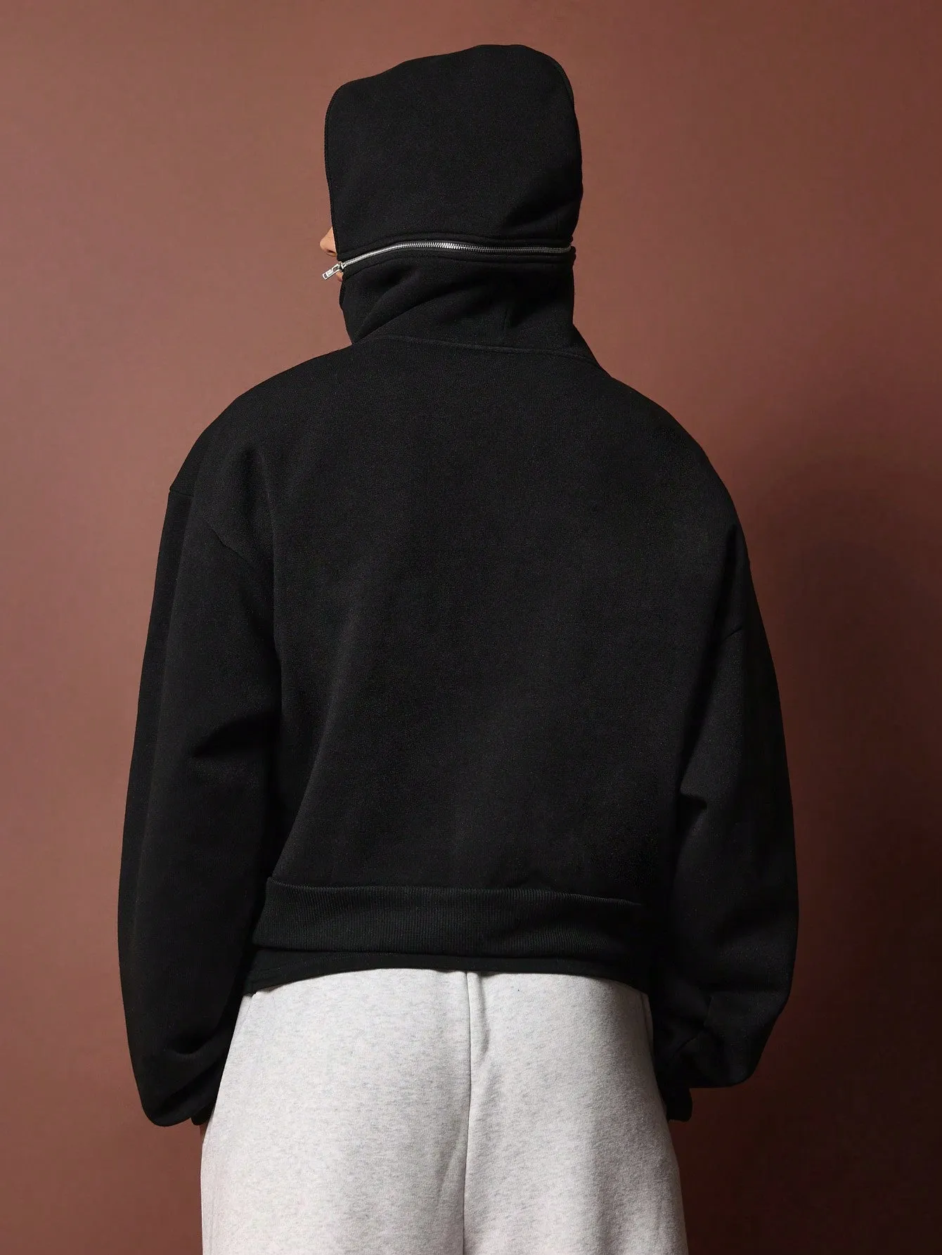 Crop Fit Embroidered Super Funnel Neck Hoodie With Detachable Hood