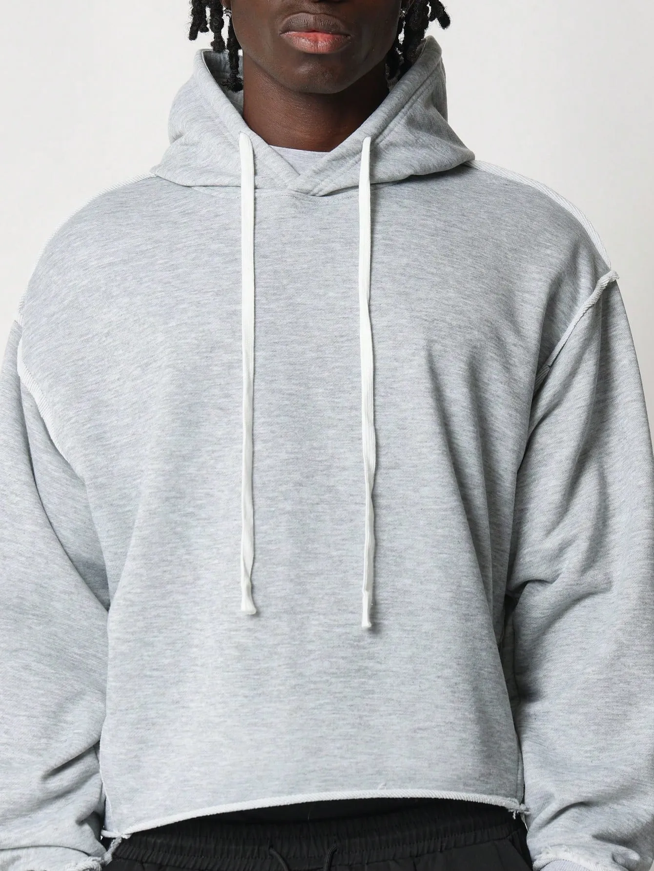 Crop Fit Overhead Raw Edge Hem Hoodie With Exposed Seams & Drawcords