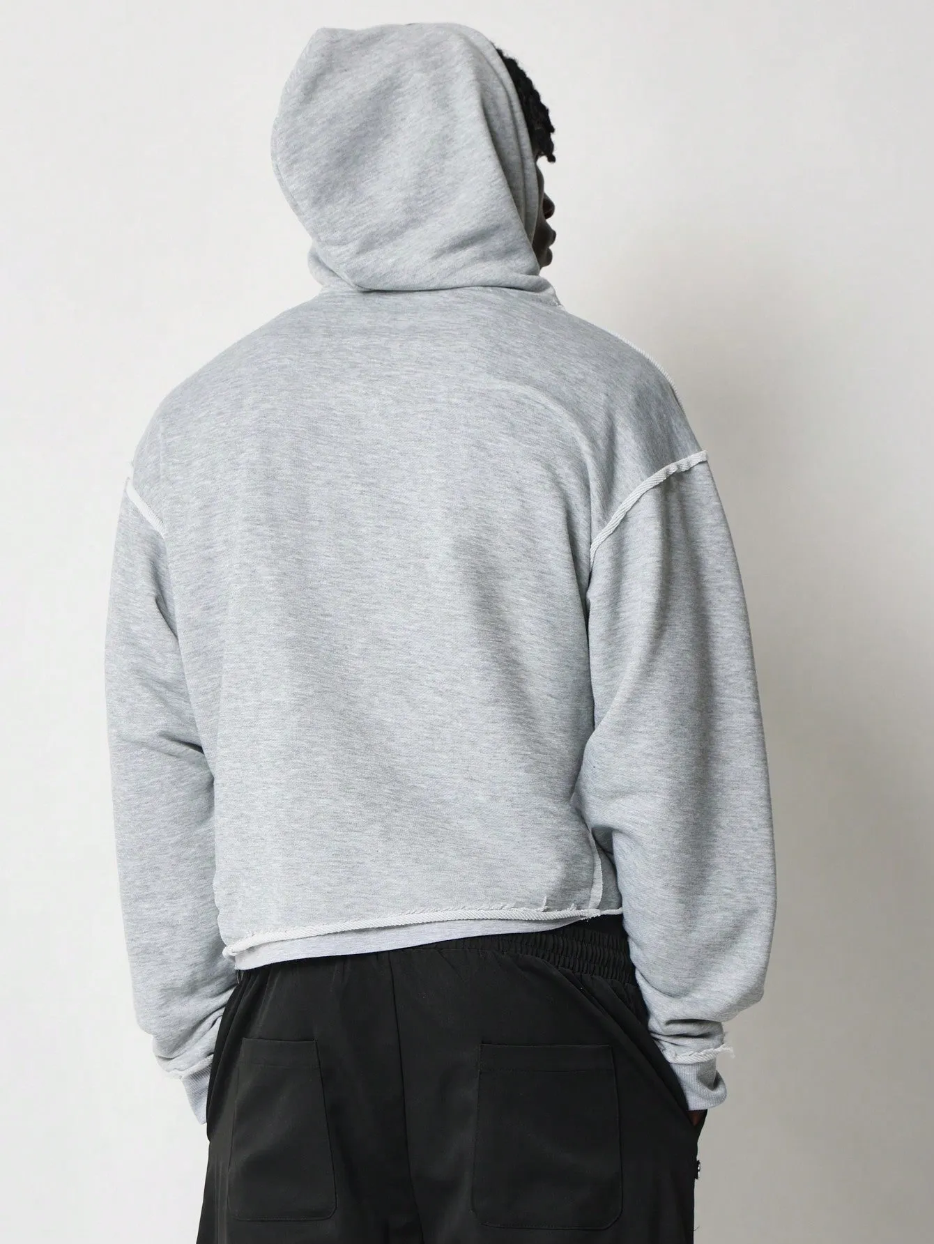 Crop Fit Overhead Raw Edge Hem Hoodie With Exposed Seams & Drawcords