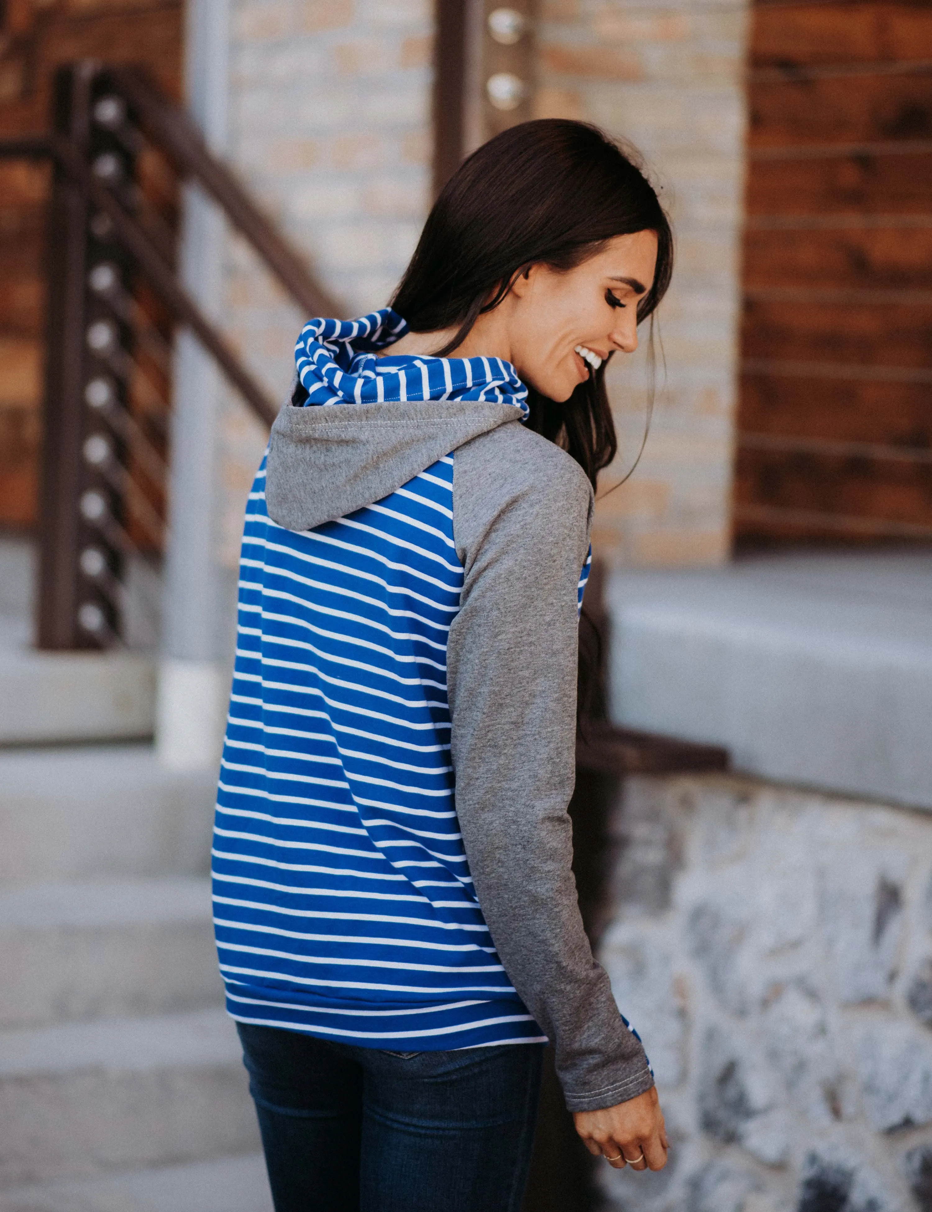 Double Hooded Charcoal and Blue Stripe Sweatshirt