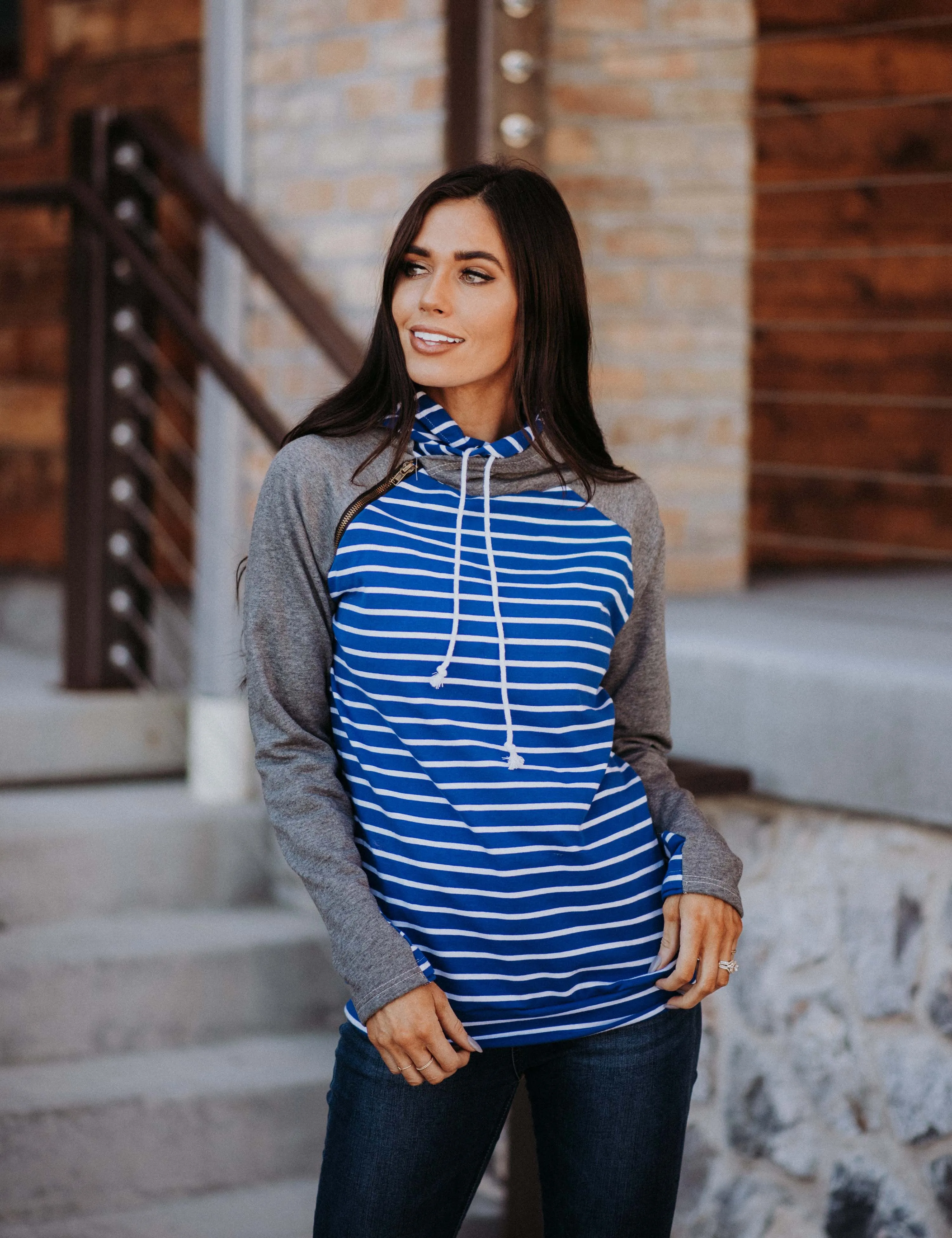 Double Hooded Charcoal and Blue Stripe Sweatshirt