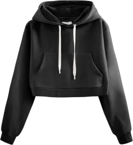 DOUBLJU Casual Crop Hoodies Long Sleeve Pullover Drawstring Hooded Sweatshirts Basic Cropped Tops for Womens with Plus Size