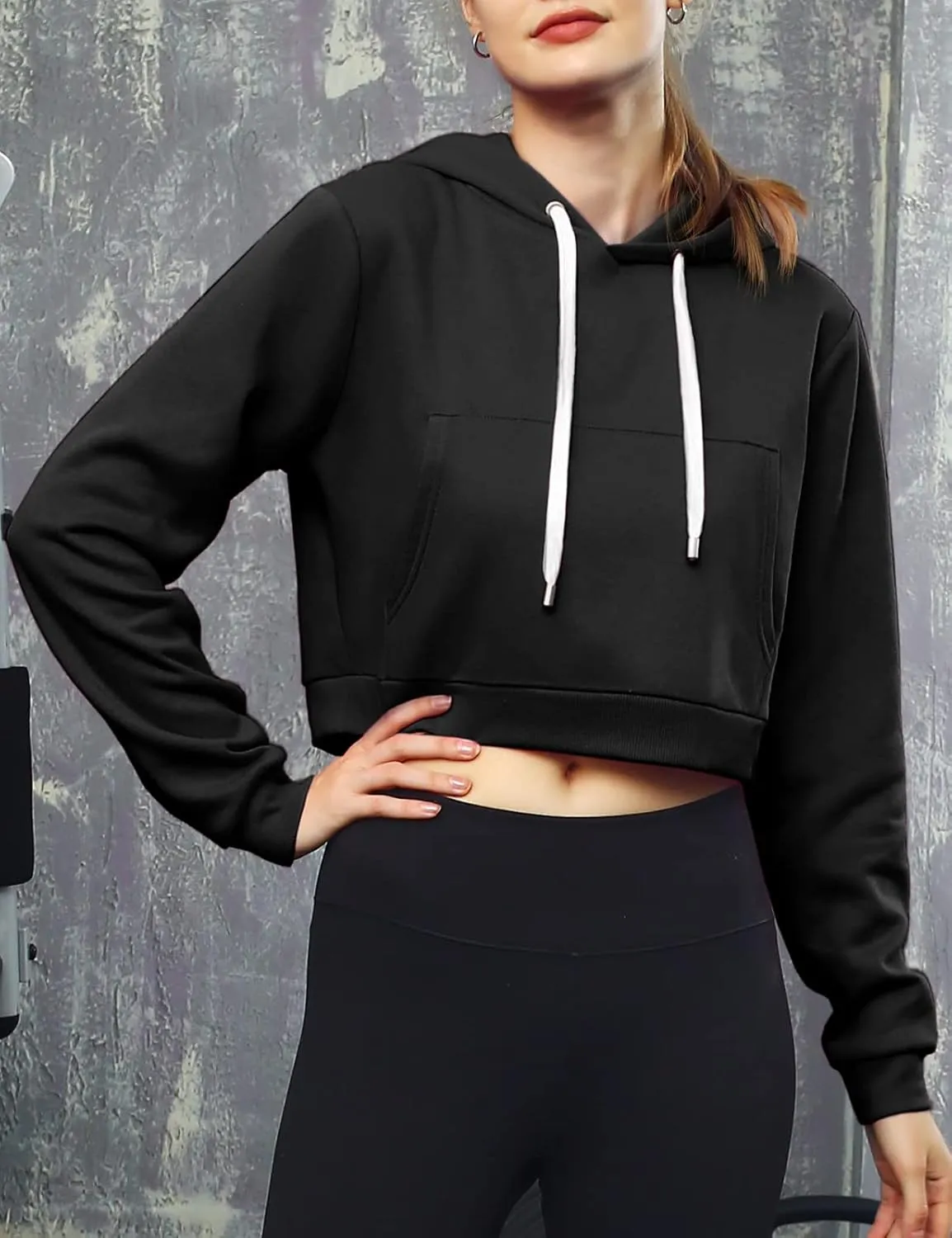 DOUBLJU Casual Crop Hoodies Long Sleeve Pullover Drawstring Hooded Sweatshirts Basic Cropped Tops for Womens with Plus Size