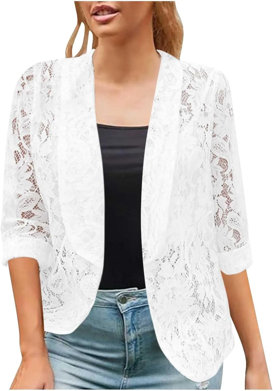 Firzero Black Blazer Jacket for Women Solid Color Sheer Lace Jacket Blazer Long Sleeve Open Front Button Casual Jacket