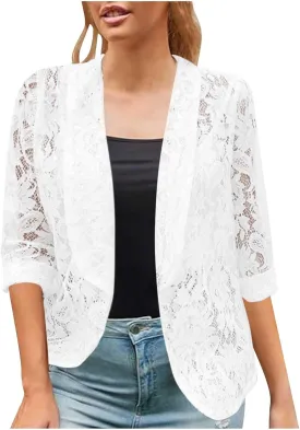 Firzero Black Blazer Jacket for Women Solid Color Sheer Lace Jacket Blazer Long Sleeve Open Front Button Casual Jacket