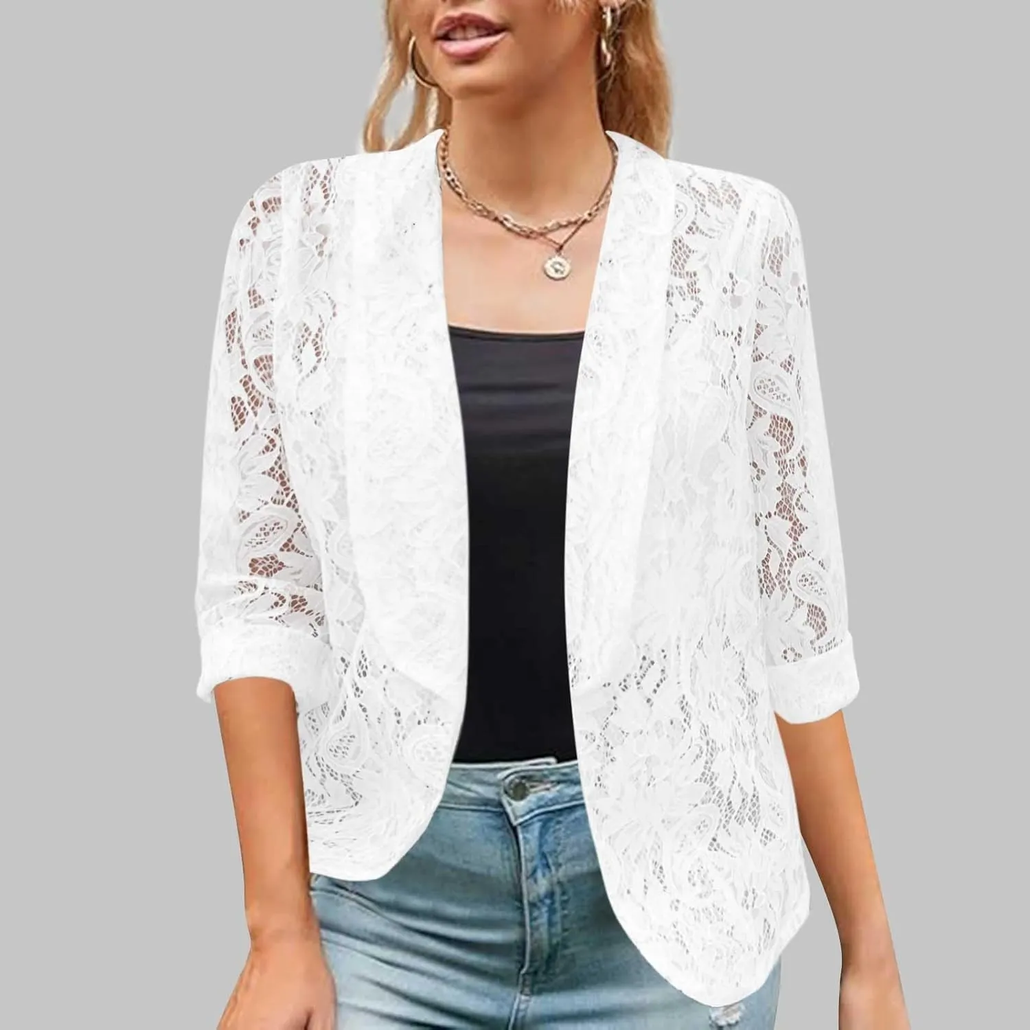 Firzero Black Blazer Jacket for Women Solid Color Sheer Lace Jacket Blazer Long Sleeve Open Front Button Casual Jacket
